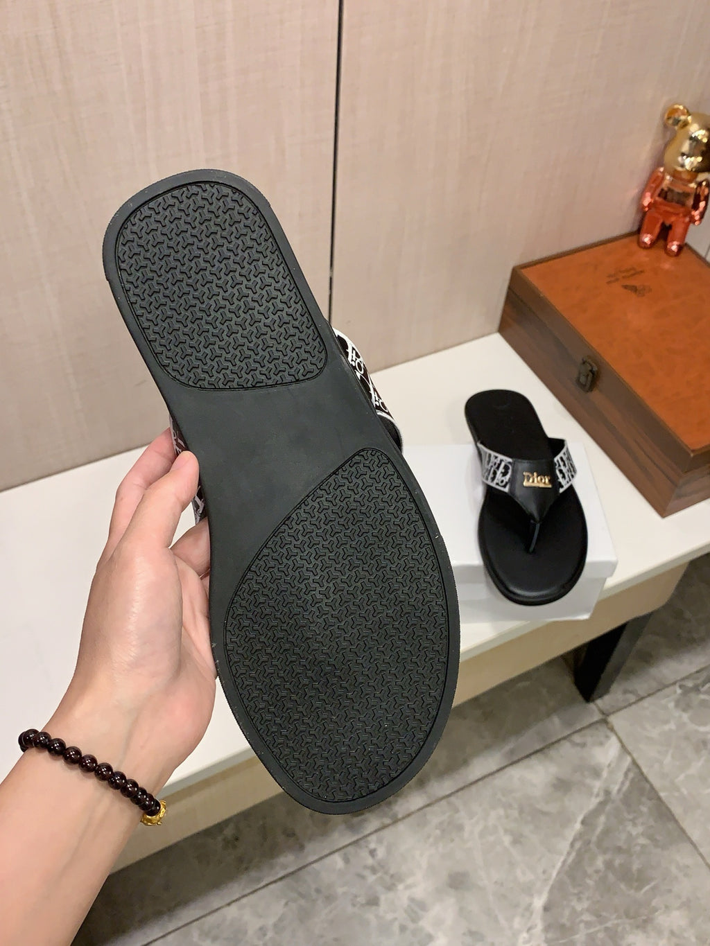 Monogram Thong Sandals | Black & White with Gold-Tone Detailing
