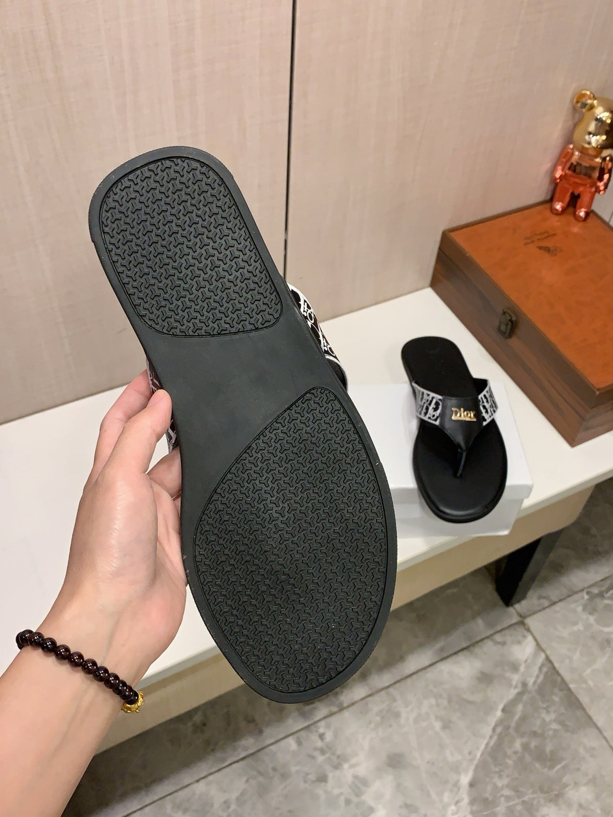 Monogram Thong Sandals | Black & White with Gold-Tone Detailing