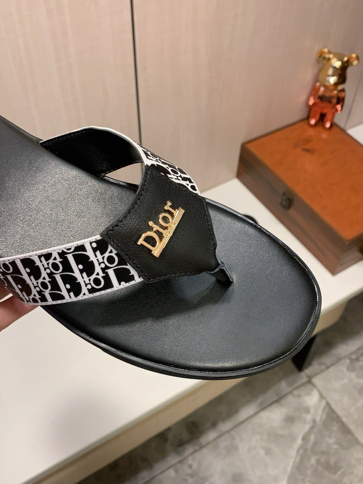 Monogram Thong Sandals | Black & White with Gold-Tone Detailing