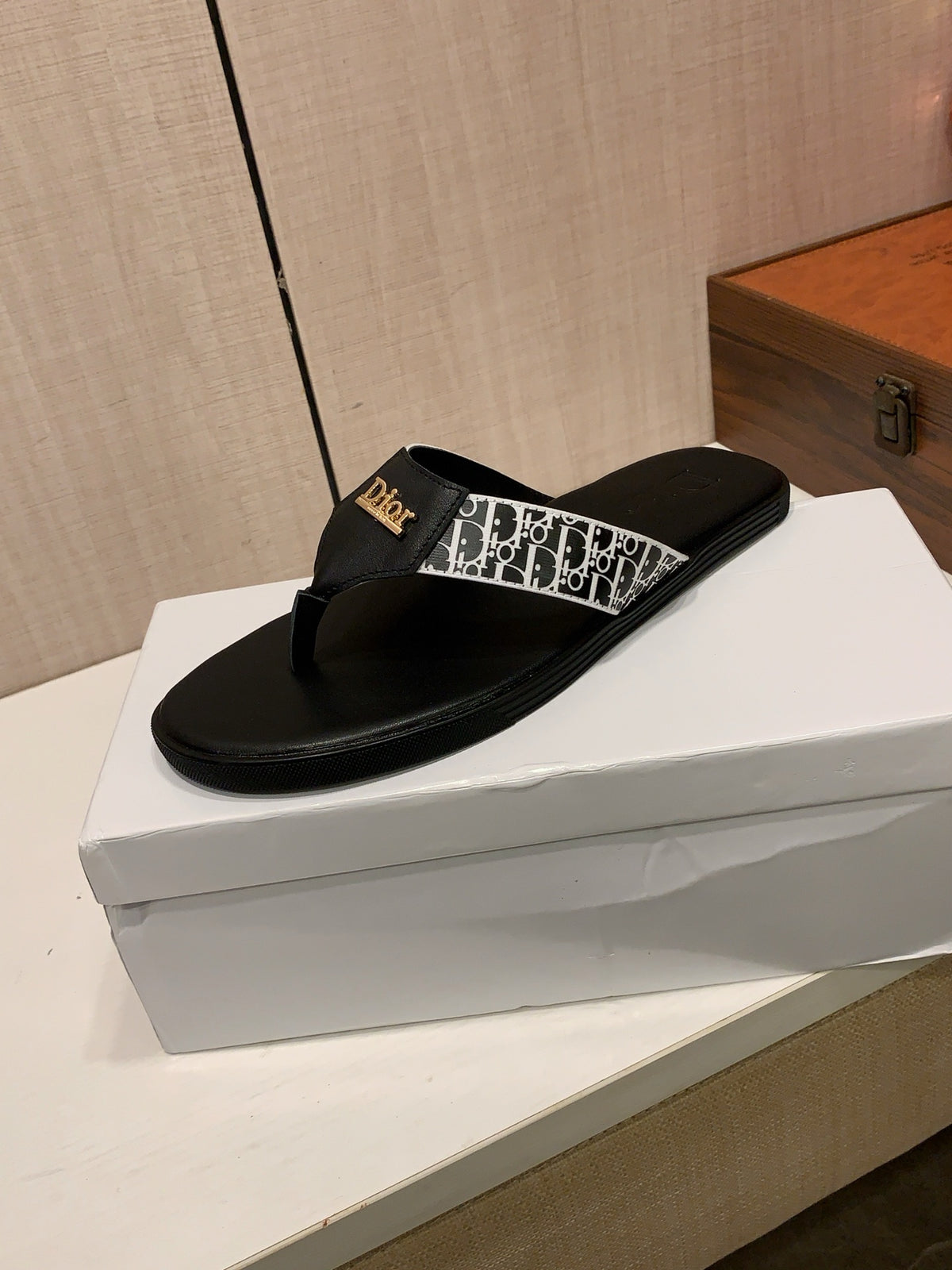 Monogram Thong Sandals | Black & White with Gold-Tone Detailing
