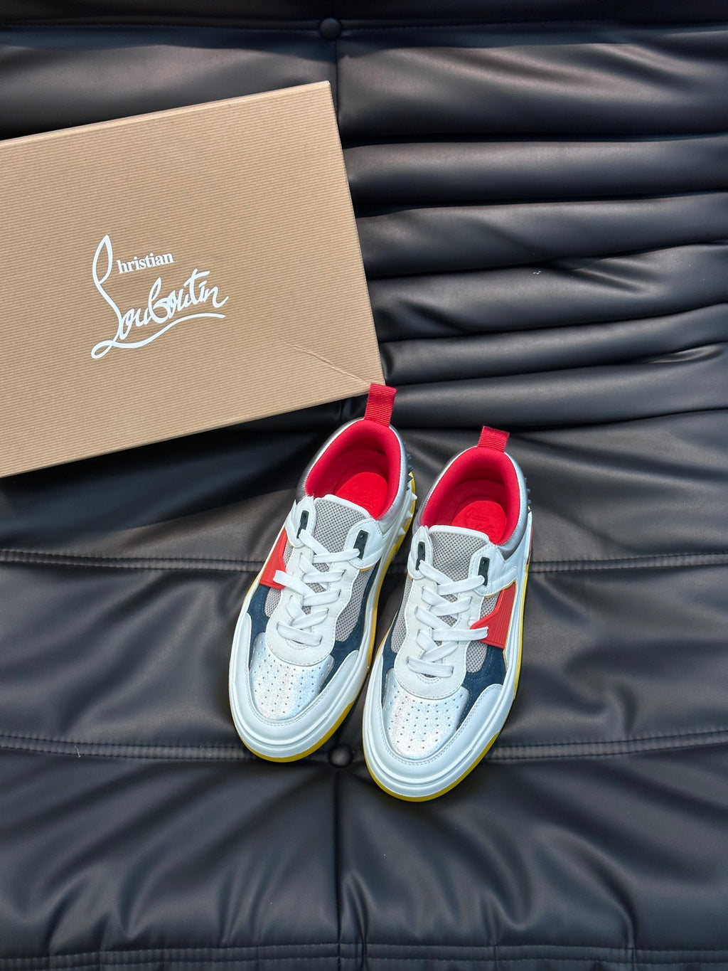 Color-Block Chunky Sneakers | Bold Red, Navy & Yellow Panels, Studded Heel Detail