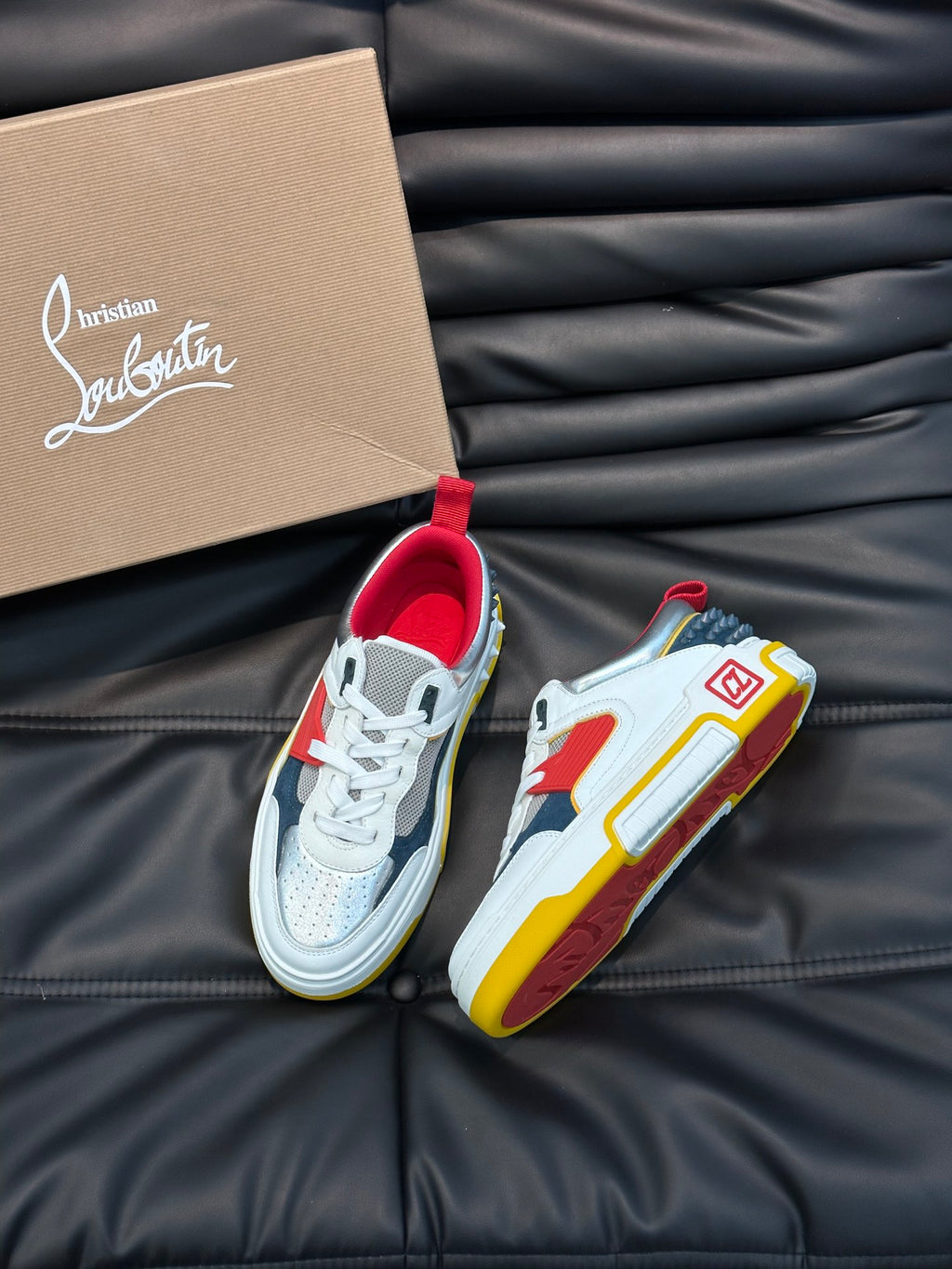 Color-Block Chunky Sneakers | Bold Red, Navy & Yellow Panels, Studded Heel Detail