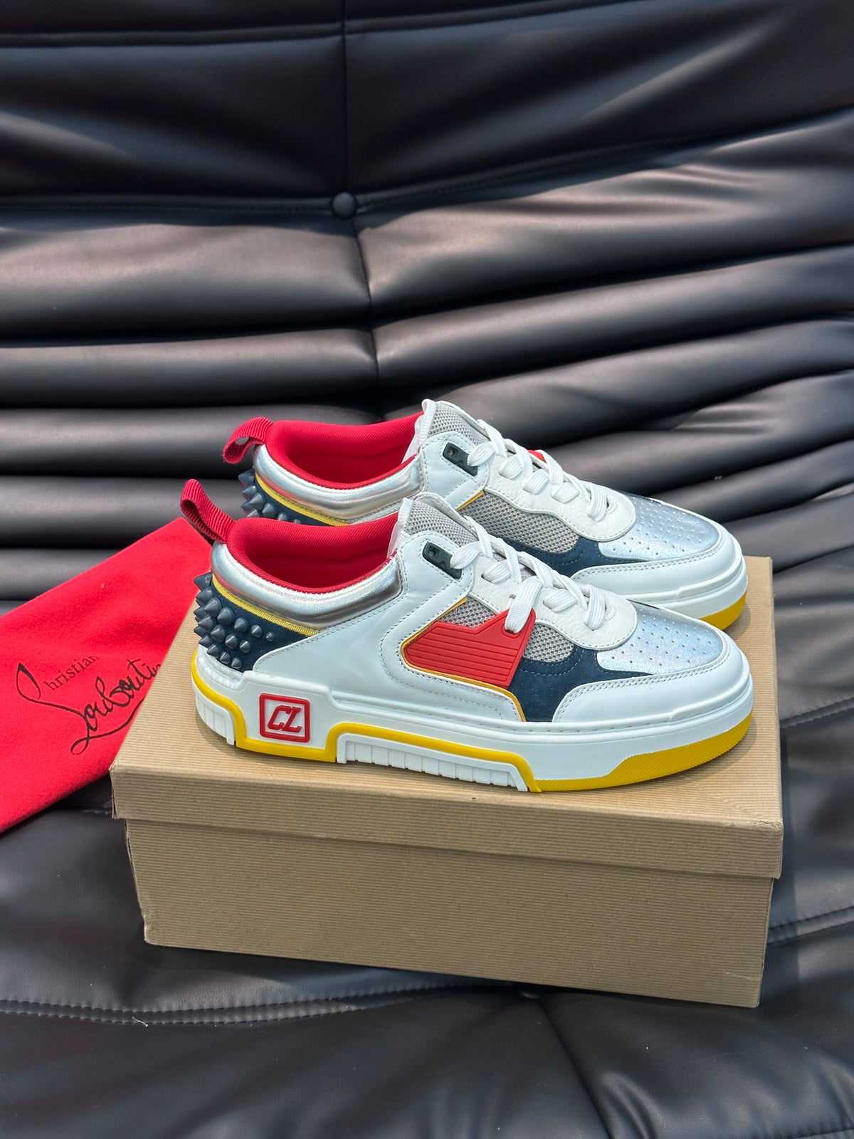Color-Block Chunky Sneakers | Bold Red, Navy & Yellow Panels, Studded Heel Detail