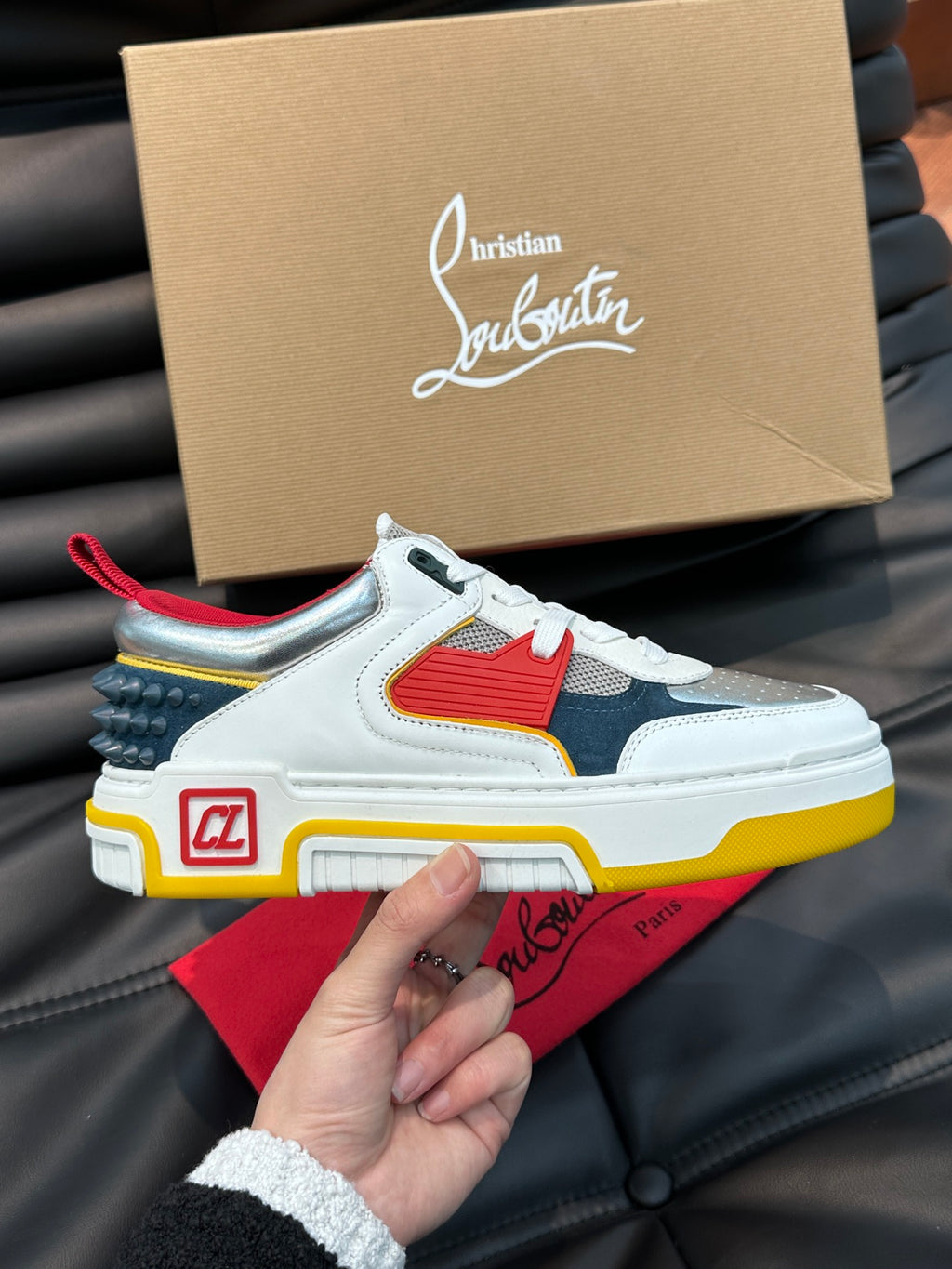 Color-Block Chunky Sneakers | Bold Red, Navy & Yellow Panels, Studded Heel Detail