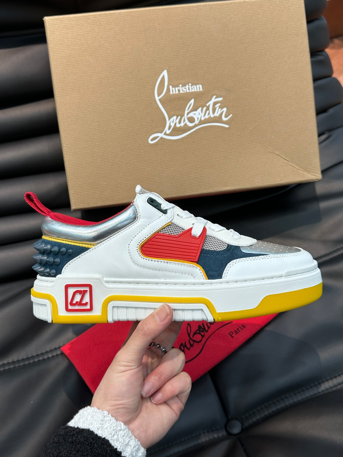 Color-Block Chunky Sneakers | Bold Red, Navy & Yellow Panels, Studded Heel Detail