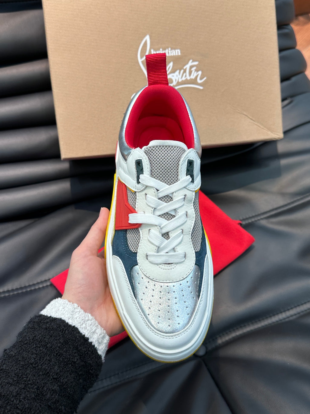 Color-Block Chunky Sneakers | Bold Red, Navy & Yellow Panels, Studded Heel Detail