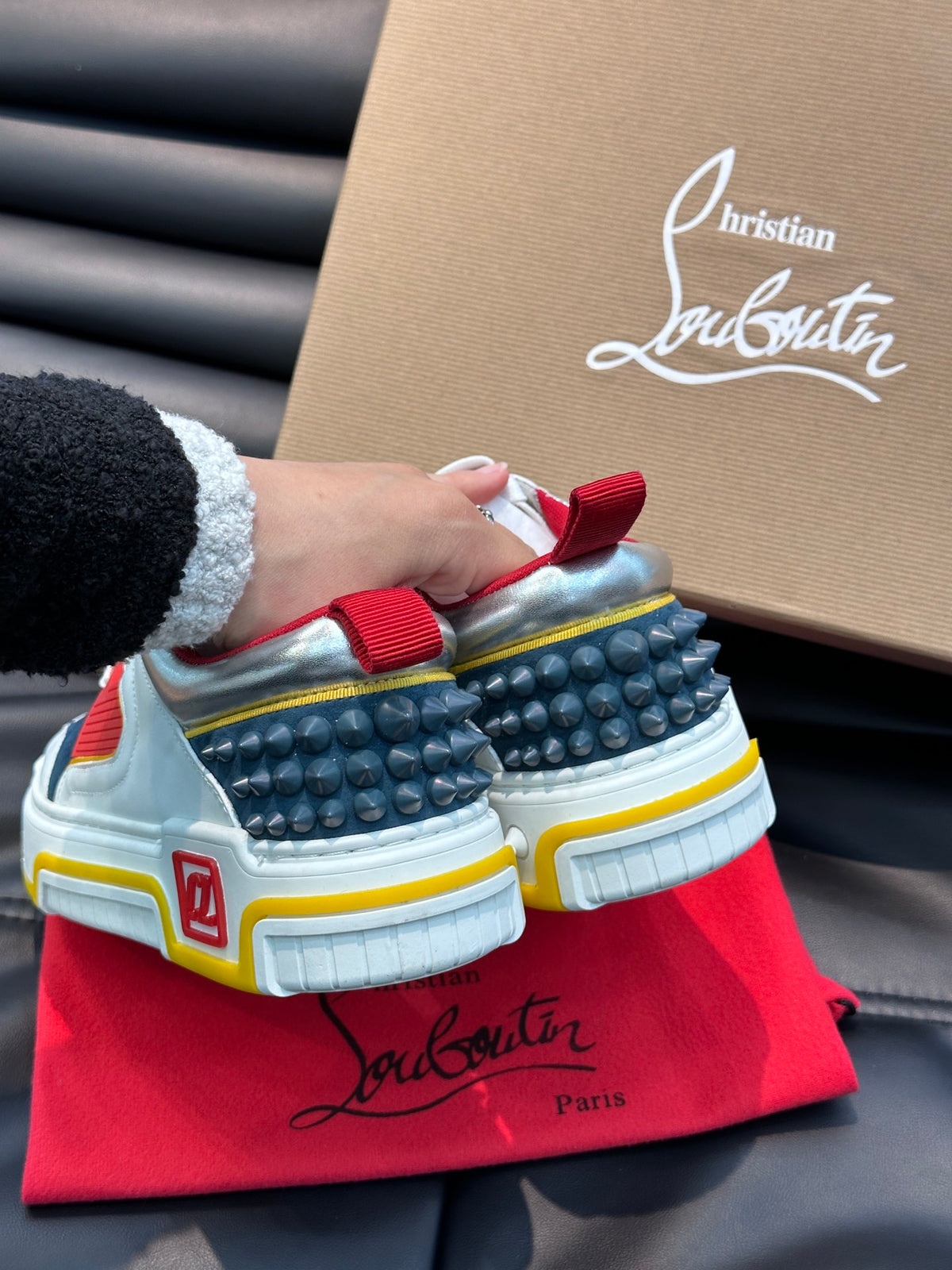 Color-Block Chunky Sneakers | Bold Red, Navy & Yellow Panels, Studded Heel Detail