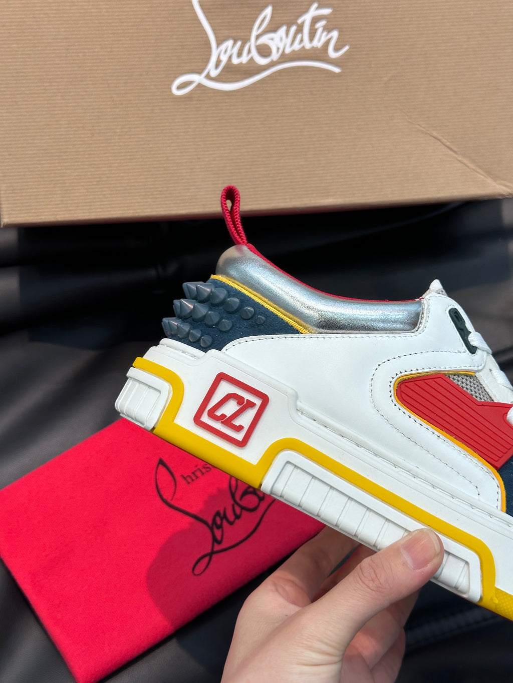 Color-Block Chunky Sneakers | Bold Red, Navy & Yellow Panels, Studded Heel Detail