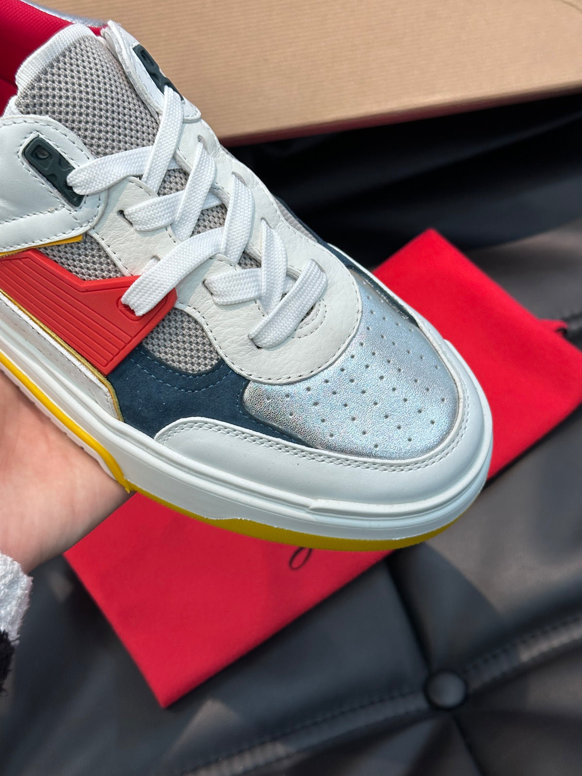 Color-Block Chunky Sneakers | Bold Red, Navy & Yellow Panels, Studded Heel Detail