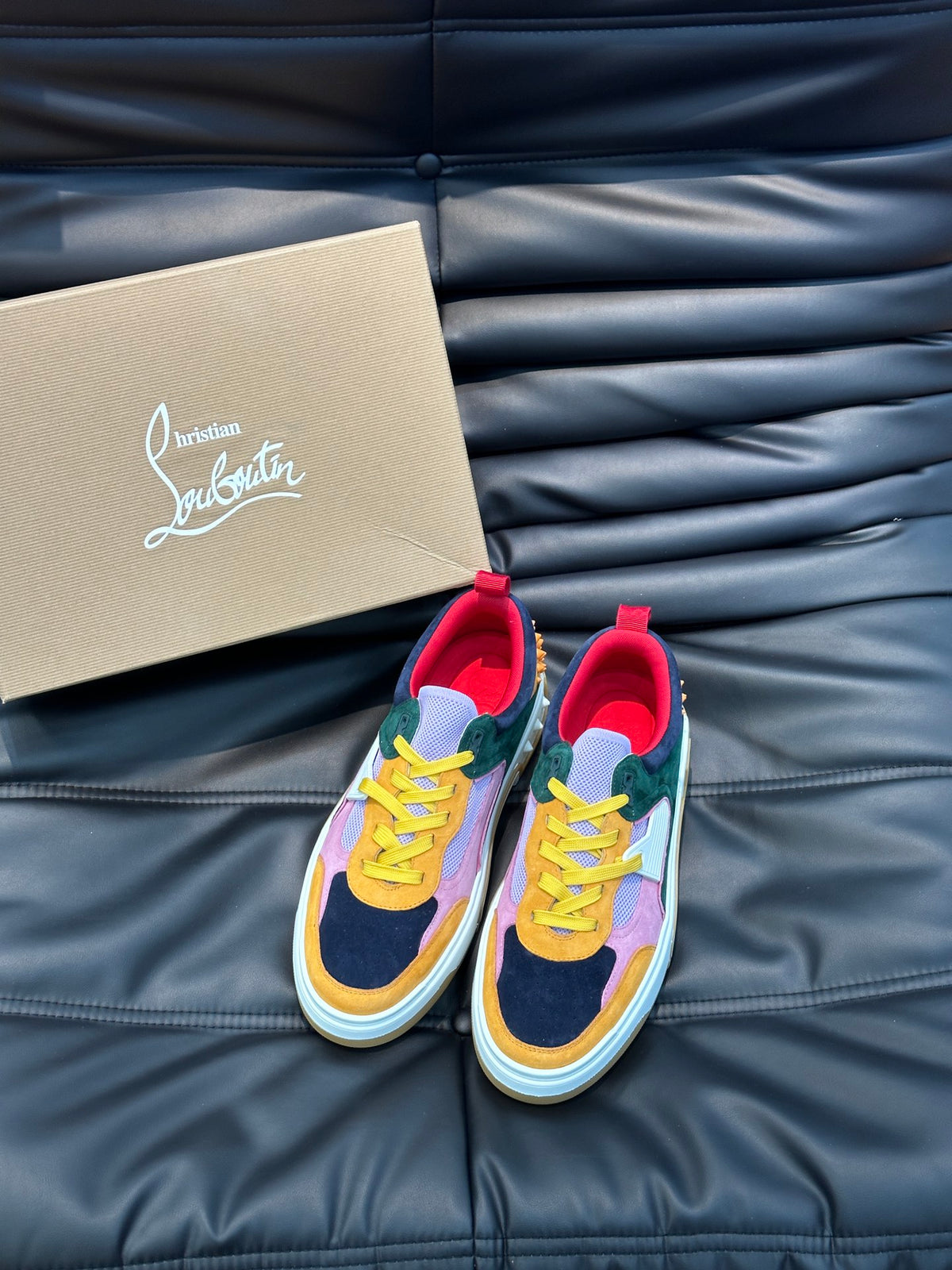 Retro Color-Block Chunky Sneakers | Green, Pink & Mustard Panels, Studded Heel Detail