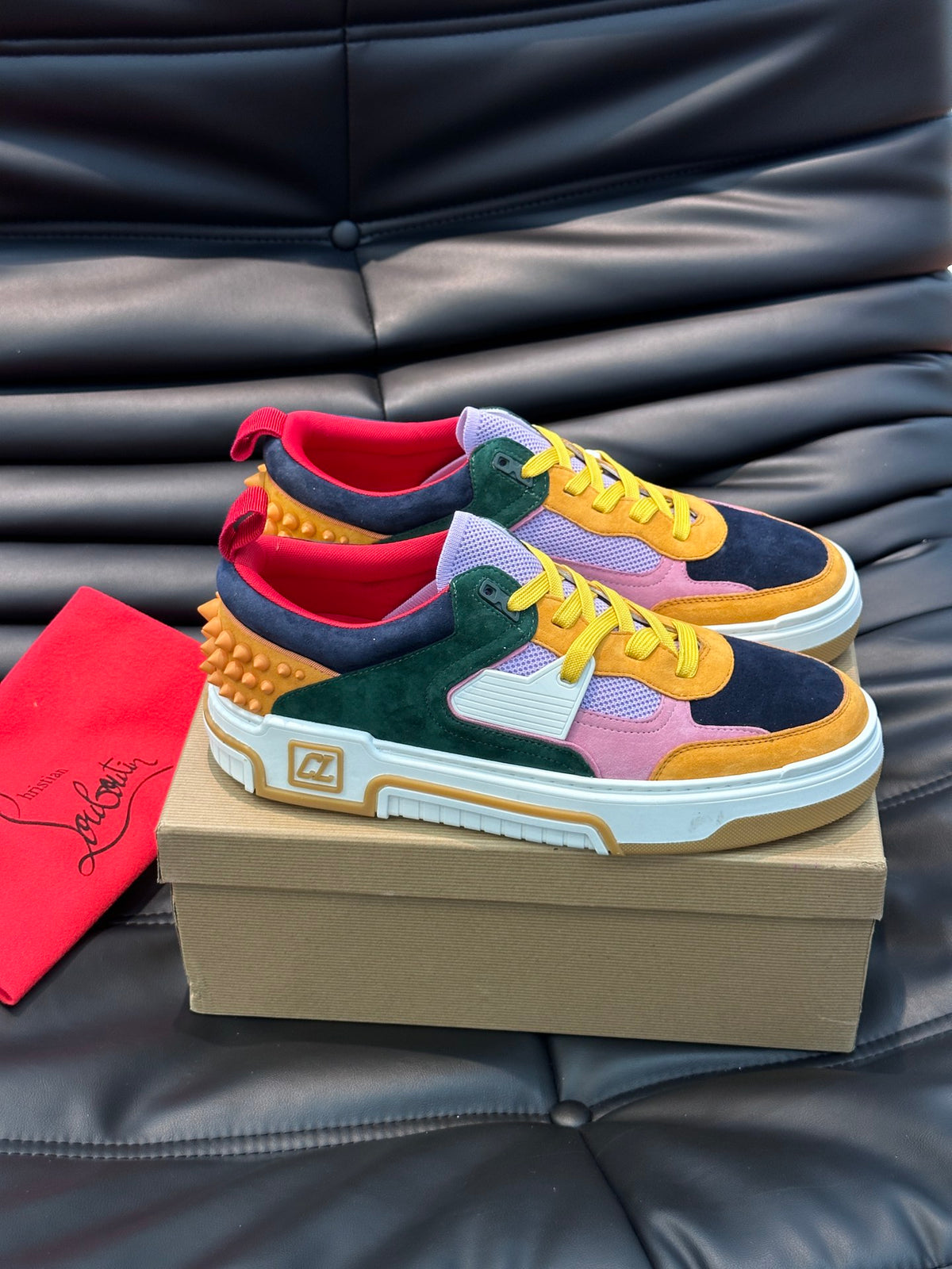 Retro Color-Block Chunky Sneakers | Green, Pink & Mustard Panels, Studded Heel Detail