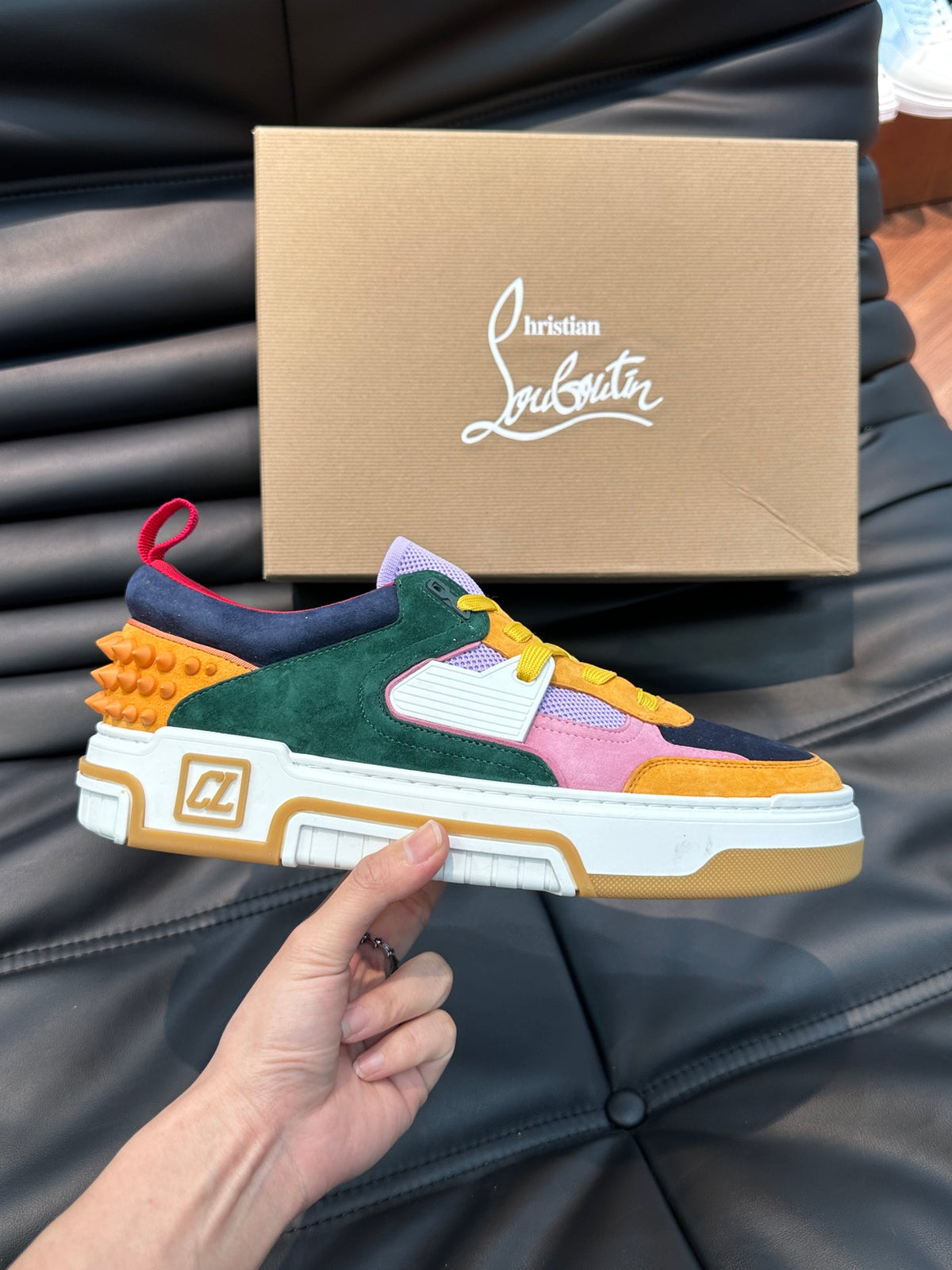 Retro Color-Block Chunky Sneakers | Green, Pink & Mustard Panels, Studded Heel Detail
