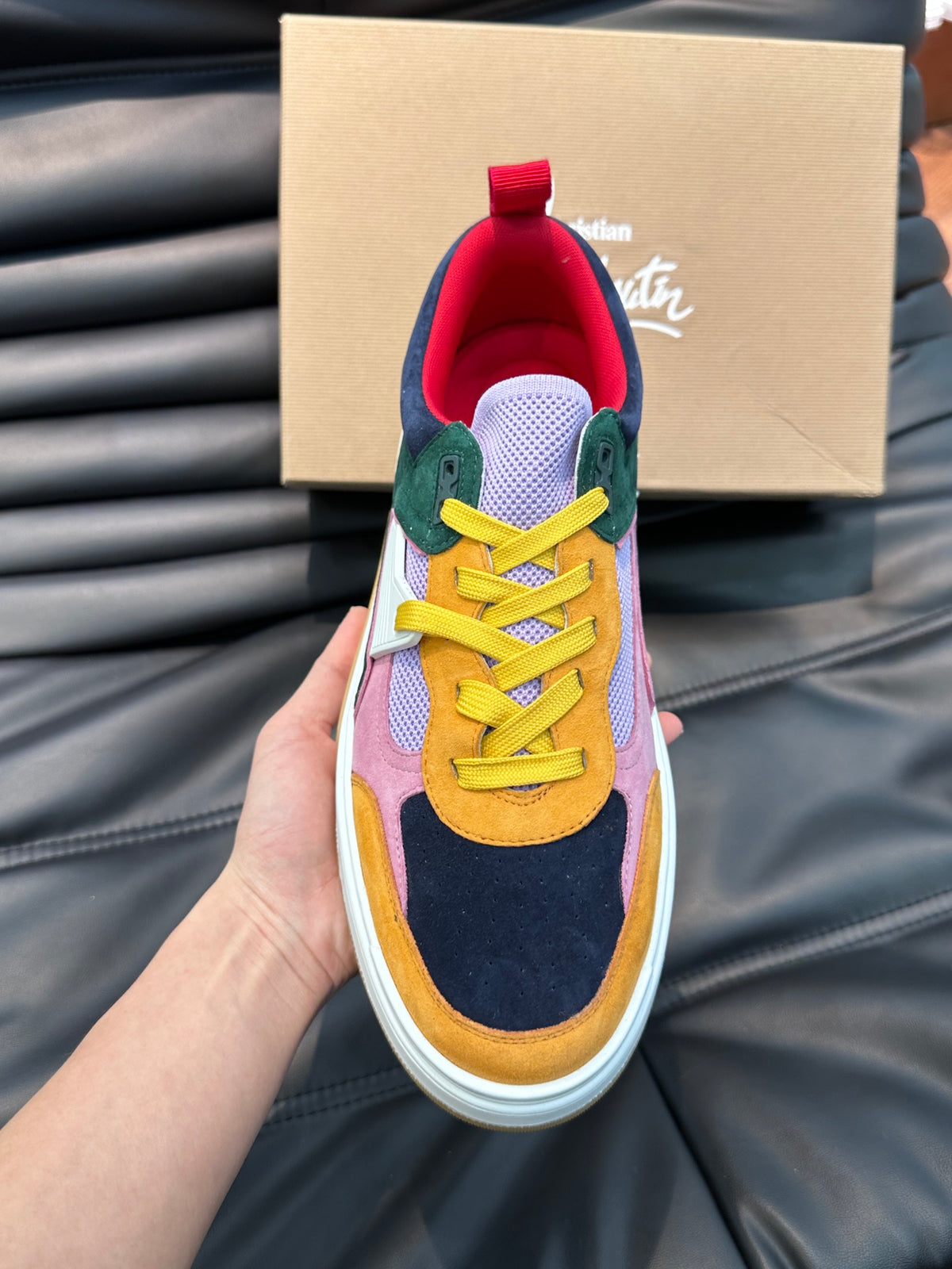 Retro Color-Block Chunky Sneakers | Green, Pink & Mustard Panels, Studded Heel Detail