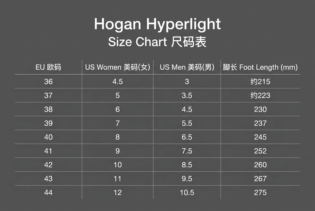 Hogan Hyperlight 中英文尺码表图片，深灰底白字