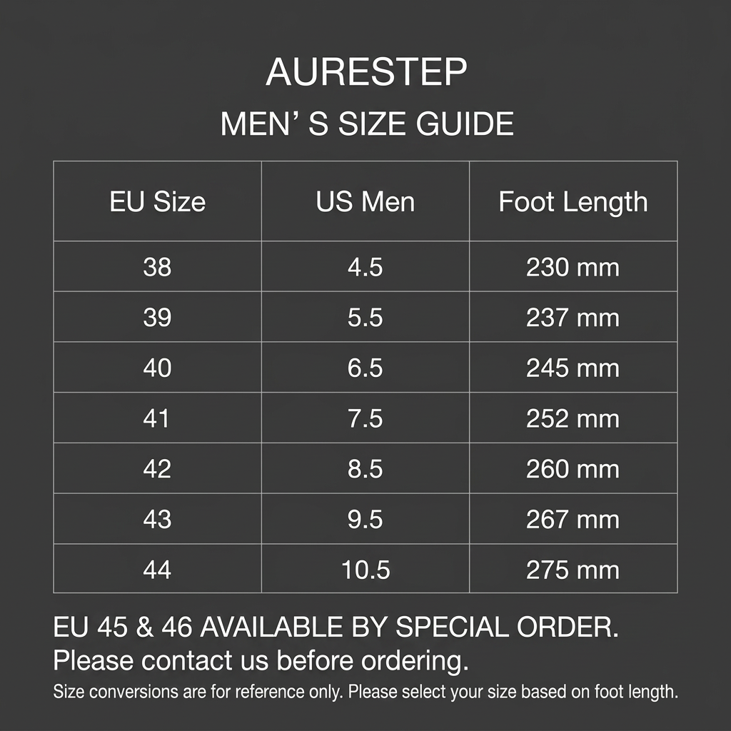 AURESTEP men's size guide: EU 38–44, US 4.5–10.5; EU 45 and 46 available by special order.